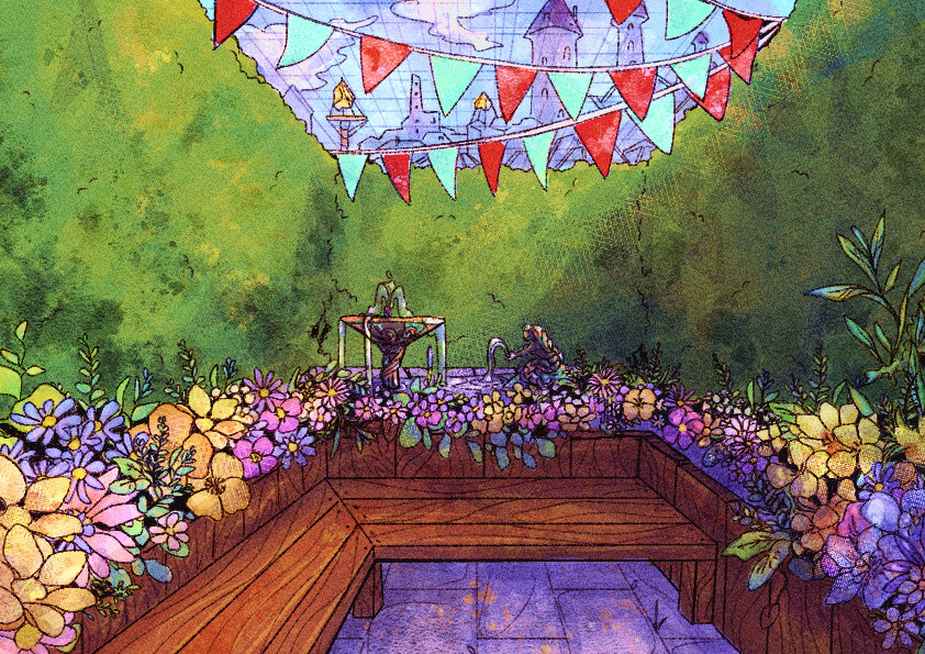 A drawing of a court yard filled with flowers and a wooden benches in an imagined city.